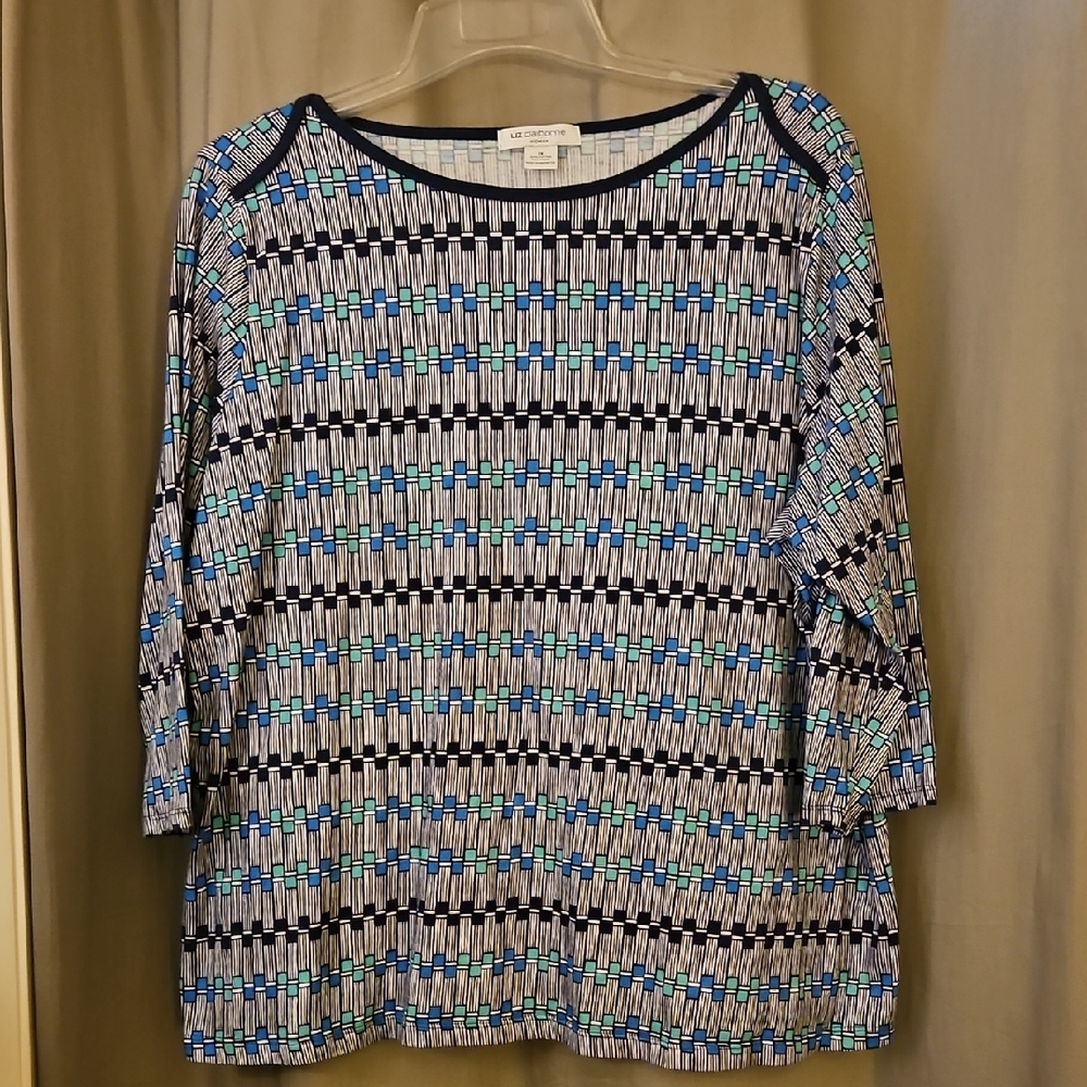 Liz Claiborne Navy, Blue and Teal Geometric 3/4 Sleeve Top 1x